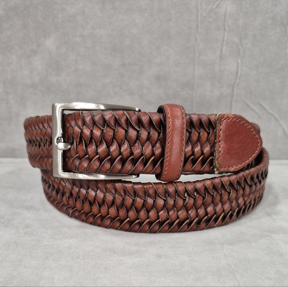 J&M belt men's size 36 brown leather woven stretch smokey silver square buckle